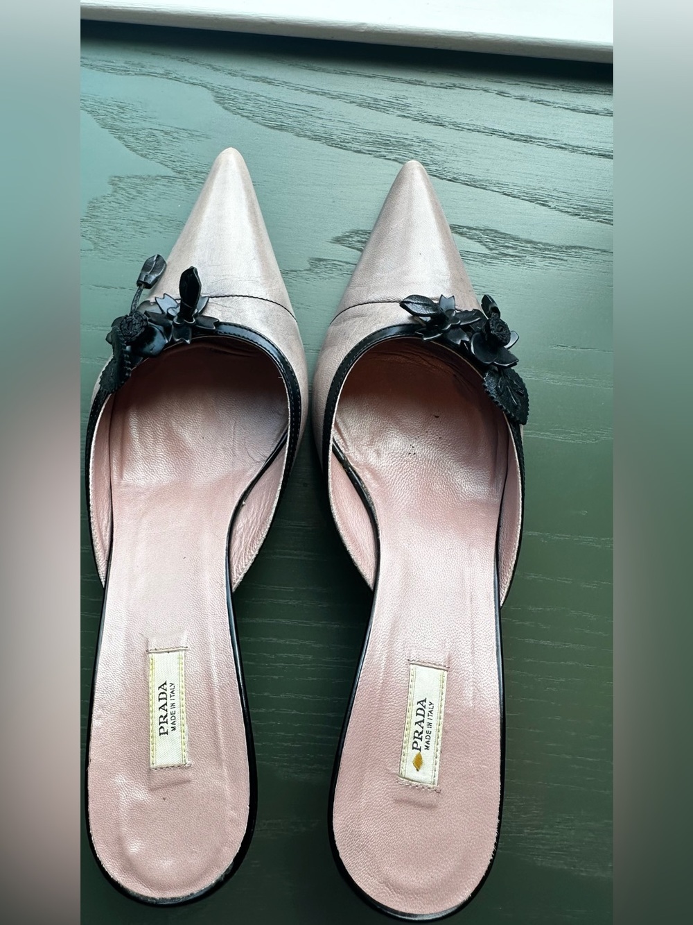 Prada Pink Pointed-Toe Slip-On Mules with Black Floral Trim - Picture 2 of 16